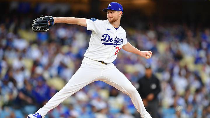 May 26, 2026; Los Angeles, California, USA;  Los Angeles Dodgers pitcher Eric Lauer (33) pitches during the first inning against the Colorado Rockies at Dodger Stadium. Mandatory Credit: Gary A. Vasquez-Imagn Images