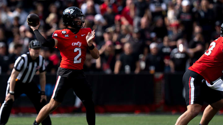 Cincinnati Bearcats quarterback Brendan Sorsby (2) throws a pass in the first quarter of the NCAA football game between the Cincinnati Bearcats and UCF Knights at Nippert Stadium in Cincinnati on Oct. 11, 2025.