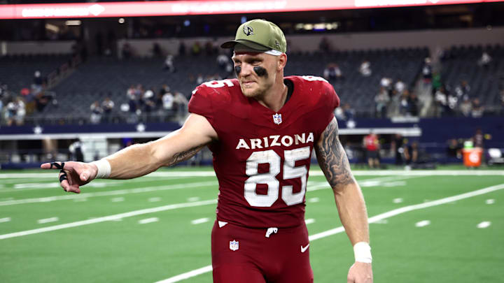 Nov 3, 2025; Arlington, Texas, USA; Arizona Cardinals tight end Trey McBride (85) celebrates after defeating the Dallas Cowboys at AT&T Stadium. 