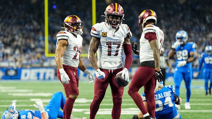 Washington Commanders wide receiver Terry McLaurin (17) celebrates a first down against Detroit Lions during the second half of the NFC divisional round at Ford Field in Detroit on Saturday, Jan. 18, 2025.