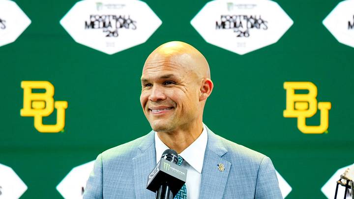 Jul 7, 2026; Frisco, TX, USA; Baylor head coach Dave Aranda speaks to reporters during Big 12 Conference Football Media Days at The Star. Mandatory Credit: Raymond Carlin III-Imagn Images Jul 7, 2026; Frisco, TX, USA; Baylor head coach Dave Aranda speaks to reporters during Big 12 Conference Football Media Days at The Star. Mandatory Credit: Raymond Carlin III-Imagn Images