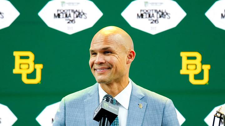 Jul 7, 2026; Frisco, TX, USA;  Baylor head coach Dave Aranda speaks to reporters during Big 12 Conference Football Media Days at The Star. Mandatory Credit: Raymond Carlin III-Imagn Images