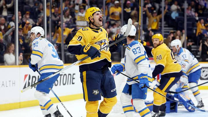 Oct 17, 2026; Nashville, Tennessee, USA; Nashville Predators left wing Filip Forsberg (9) celebrates after scoring a goal against the St. Louis Blues during the first period at Bridgestone Arena. Mandatory Credit: Alan Poizner-Imagn Images Oct 17, 2026; Nashville, Tennessee, USA; Nashville Predators left wing Filip Forsberg (9) celebrates after scoring a goal against the St. Louis Blues during the first period at Bridgestone Arena. Mandatory Credit: Alan Poizner-Imagn Images