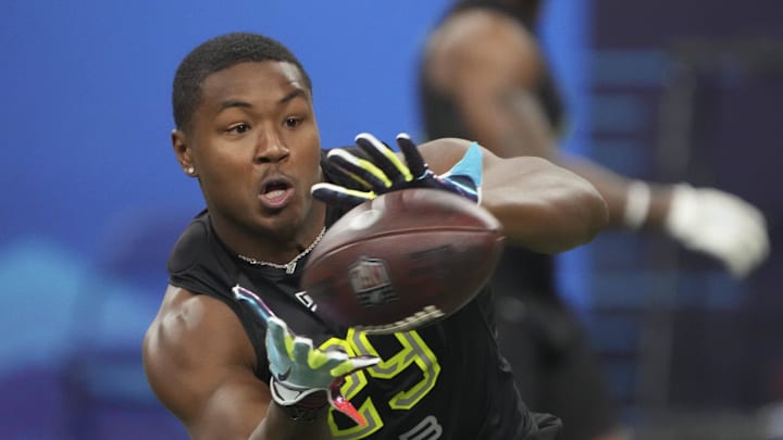 Mar 4, 2022; Indianapolis, IN, USA; Texas A&M running back Isaiah Spiller (RB29) goes through