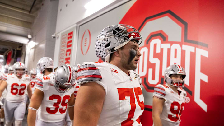 Jan 20, 2025; Atlanta, GA, USA; Ohio State Buckeyes offensive lineman Carson Hinzman (75) against the Notre Dame Fighting Irish during the CFP National Championship college football game at Mercedes-Benz Stadium. Mandatory Credit: Mark J. Rebilas-Imagn Images