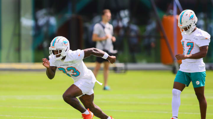 Jun 4, 2024; Miami Gardens, FL, USA; Miami Dolphins Malik Washington (83) works out during mandatory minicamp at Baptist Health Training Complex.