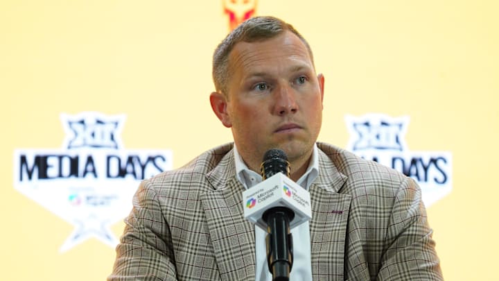 Jul 8, 2025; Frisco, TX, USA; Arizona State head coach Kenny Dillingham addresses the media during 2025 Big 12 Football Media Days at The Star. Mandatory Credit: Raymond Carlin III-Imagn Images