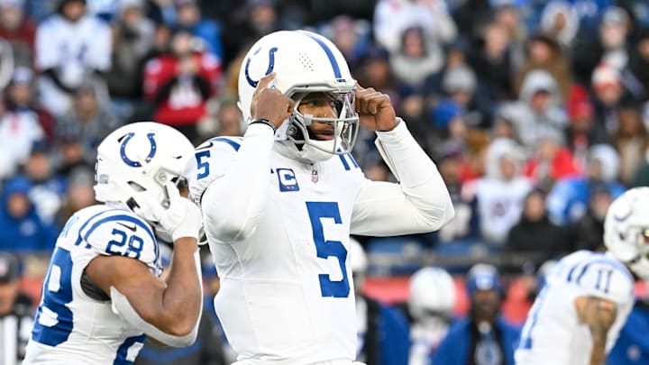 Dec 1, 2024; Foxborough, Massachusetts, USA; Indianapolis Colts quarterback Anthony Richardson (5) signals during the second half against the New England Patriots at Gillette Stadium. Dec 1, 2024; Foxborough, Massachusetts, USA; Indianapolis Colts quarterback Anthony Richardson (5) signals during the second half against the New England Patriots at Gillette Stadium.
