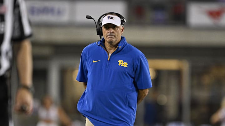 Nov 2, 2024; Dallas, Texas, USA; Pittsburgh Panthers head coach Pat Narduzzi looks on during the second half against the Southern Methodist Mustangs at Gerald J. Ford Stadium. Mandatory Credit: Jerome Miron-Imagn Images