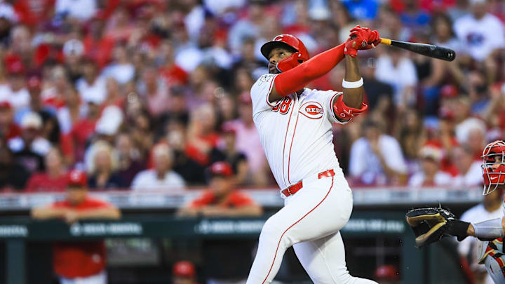 Aug 13, 2025; Cincinnati, Ohio, USA; Cincinnati Reds designated hitter Miguel Andujar (38) hits a grand slam in the seventh inning against the Philadelphia Phillies at Great American Ball Park. Mandatory Credit: Katie Stratman-Imagn Images Aug 13, 2025; Cincinnati, Ohio, USA; Cincinnati Reds designated hitter Miguel Andujar (38) hits a grand slam in the seventh inning against the Philadelphia Phillies at Great American Ball Park. Mandatory Credit: Katie Stratman-Imagn Images
