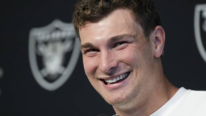 May 2, 2026; Henderson, NV, USA;  Las Vegas Raiders quarterback Fernando Mendoza (15) speaks during a news conference at the team’s Rookie Minicamp at Intermountain Health Performance Center. Mandatory Credit: Candice Ward-Imagn Images