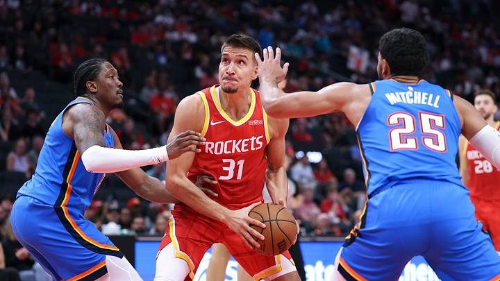 Oct 15, 2026; Houston, Texas, USA; Houston Rockets guard Bogdan Bogdanovic (31) controls the ball as Oklahoma City Thunder guard Jalen Williams (8) defends during the second quarter at Toyota Center. Mandatory Credit: Troy Taormina-Imagn Images Oct 15, 2026; Houston, Texas, USA; Houston Rockets guard Bogdan Bogdanovic (31) controls the ball as Oklahoma City Thunder guard Jalen Williams (8) defends during the second quarter at Toyota Center. Mandatory Credit: Troy Taormina-Imagn Images