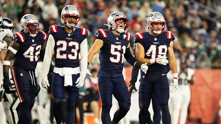 Aug 22, 2026; Foxborough, Massachusetts, USA; New England Patriots linebacker Riley Wilson (51), safety John Saunders Jr. (23) and linebacker Namdi Obiazor (48) in the second half against the Philadelphia Eagles at Gillette Stadium. Mandatory Credit: Edward Finan-Imagn Images