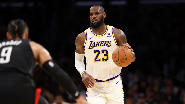 Los Angeles Lakers forward LeBron James (23) dribbles.