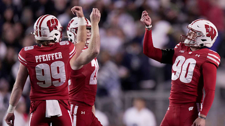 Wisconsin place kicker Nathanial Vakos (90) celebrates his 50-yard field goal during the first quarter of their game against Penn State Saturday, October 26, 2024 at Camp Randall Stadium in Madison, Wisconsin.