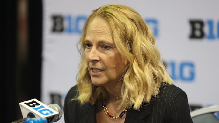 Oct 8, 2025; Rosemont, Illinois, USA; Maryland head coach Brenda Frese speaks during Big Ten Women’s Basketball Media Days at the Donald E. Stephens Convention Center. Mandatory Credit: Talia Sprague-Imagn Images Oct 8, 2025; Rosemont, Illinois, USA; Maryland head coach Brenda Frese speaks during Big Ten Women’s Basketball Media Days at the Donald E. Stephens Convention Center. Mandatory Credit: Talia Sprague-Imagn Images