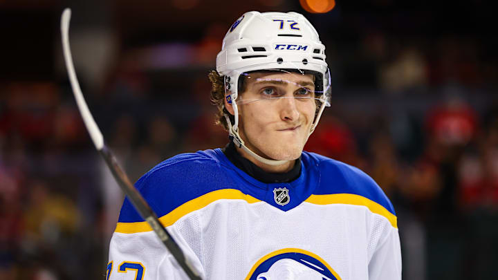 Buffalo Sabres center Tage Thompson reacts during the second period against the Calgary Flames.