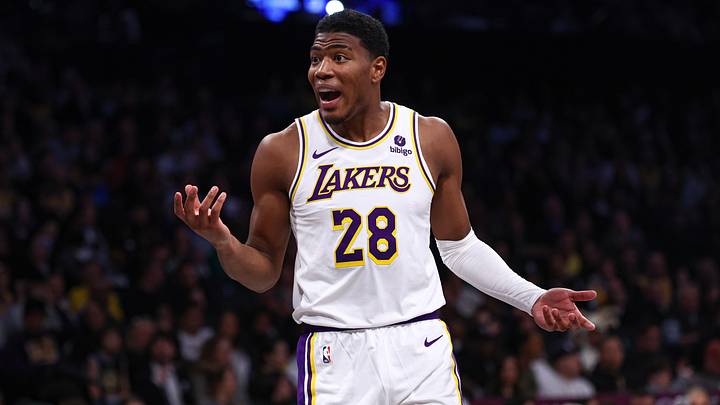 Mar 31, 2024; Brooklyn, New York, USA; Los Angeles Lakers forward Rui Hachimura (28) reacts during the first half against the Brooklyn Nets at Barclays Center. Mandatory Credit: Vincent Carchietta-Imagn Images