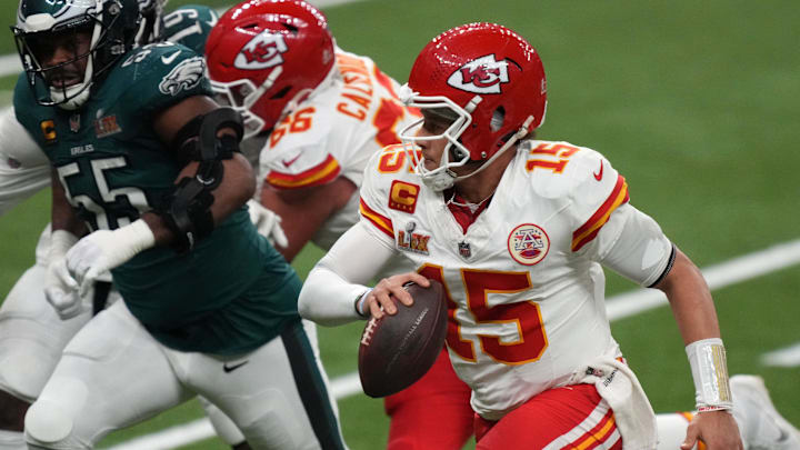 Feb 9, 2025; New Orleans, LA, USA; Kansas City Chiefs quarterback Patrick Mahomes (15) . Mandatory Credit: Kirby Lee-Imagn Images Feb 9, 2025; New Orleans, LA, USA; Kansas City Chiefs quarterback Patrick Mahomes (15) . Mandatory Credit: Kirby Lee-Imagn Images