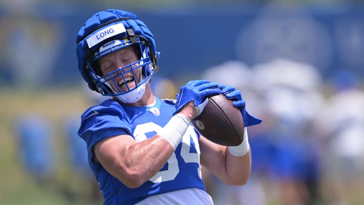 May 28, 2024; Thousand Oaks, CA, USA; Los Angeles Rams tight end Hunter Long (84) during OTAs at the team training facility at California Lutheran University. Mandatory Credit: Jayne Kamin-Oncea-Imagn Images