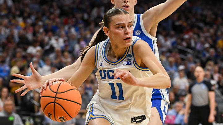 Mar 29, 2026; Sacramento, CA, USA; UCLA Bruins forward Gabriela Jaquez (11) drives to the basket during the first quarter of the game against the Duke Blue Devils in the Sacramento Regional 4 of the women's 2026 NCAA Tournament at Golden 1 Center. Mandatory Credit: Ed Szczepanski-Imagn Images