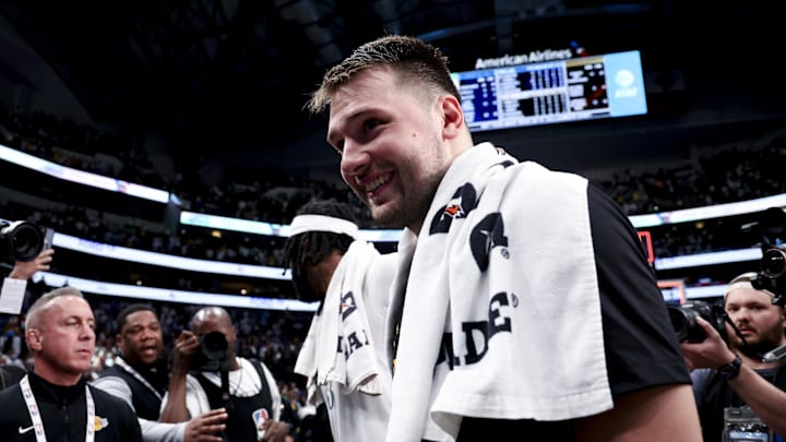 Apr 9, 2025; Dallas, Texas, USA;  Los Angeles Lakers guard Luka Doncic (77) reacts after the game against the Dallas Mavericks at American Airlines Center. Mandatory Credit: Kevin Jairaj-Imagn Images