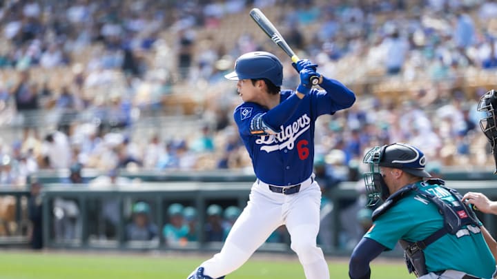 Feb 23, 2026; Phoenix, Arizona, USA; Los Angeles Dodgers infielder Hyeseong Kim against the Seattle Mariners during a spring training game at Camelback Ranch-Glendale. Mandatory Credit: Mark J. Rebilas-Imagn Images