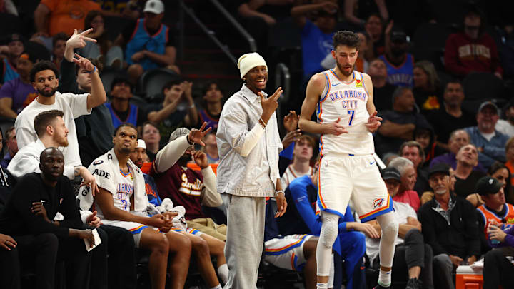 Apr 9, 2025; Phoenix, Arizona, USA; Oklahoma City Thunder forward Chet Holmgren (7) reacts on the bench against the Phoenix Suns during the second half at Footprint Center. Mandatory Credit: Mark J. Rebilas-Imagn Images