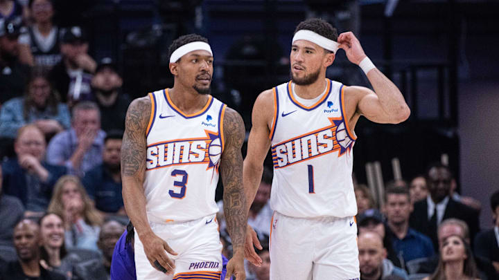 Apr 12, 2024; Sacramento, California, USA; Phoenix Suns guard Bradley Beal (3) and guard Devin Apr 12, 2024; Sacramento, California, USA; Phoenix Suns guard Bradley Beal (3) and guard Devin