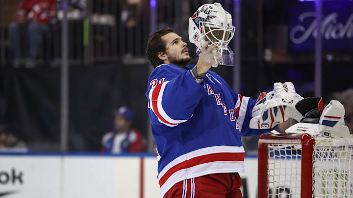 Mar 31, 2026; New York, New York, USA;  New York Rangers goaltender Igor Shesterkin (31) takes to the ice for the start of the game against the New Jersey Devils at Madison Square Garden. Mandatory Credit: Wendell Cruz-Imagn Images