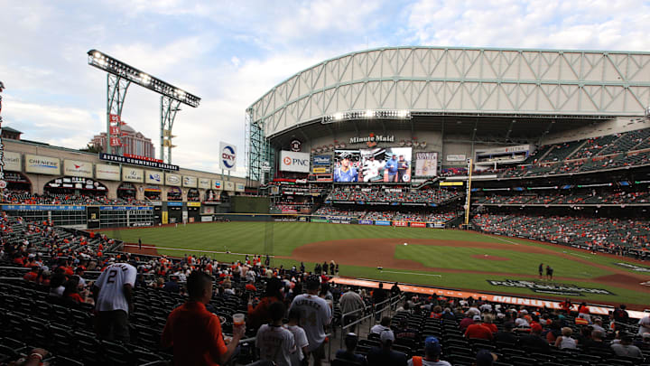 Oct 8, 2023; Houston, Texas, USA; A general view of Minute Maid Park before game two of the ALDS for the 2023 MLB playoffs between the Minnesota Twins and Houston Astros . Oct 8, 2023; Houston, Texas, USA; A general view of Minute Maid Park before game two of the ALDS for the 2023 MLB playoffs between the Minnesota Twins and Houston Astros .