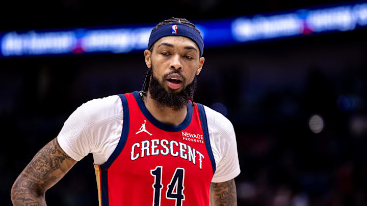 New Orleans Pelicans forward Brandon Ingram (14) looks on against the Portland Trail Blazers during the second half at Smoothie King Center. 