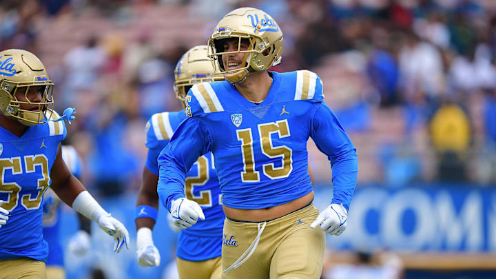 Sep 16, 2023; Pasadena, California, USA; UCLA Bruins defensive lineman Laiatu Latu (15) celebrates