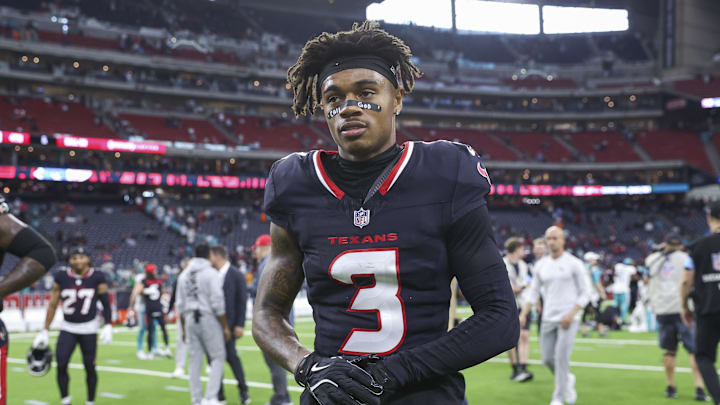 Dec 15, 2024; Houston, Texas, USA; Houston Texans wide receiver Tank Dell (3) walks off the field after the game against the Miami Dolphins at NRG Stadium. Mandatory Credit: Troy Taormina-Imagn Images