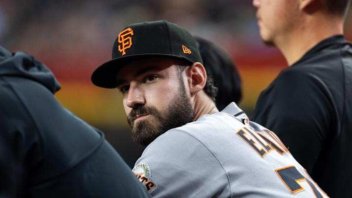Sep 16, 2025; Phoenix, Arizona, USA; San Francisco Giants first baseman Bryce Eldridge against the Arizona Diamondbacks at Chase Field. Mandatory Credit: Mark J. Rebilas-Imagn Images