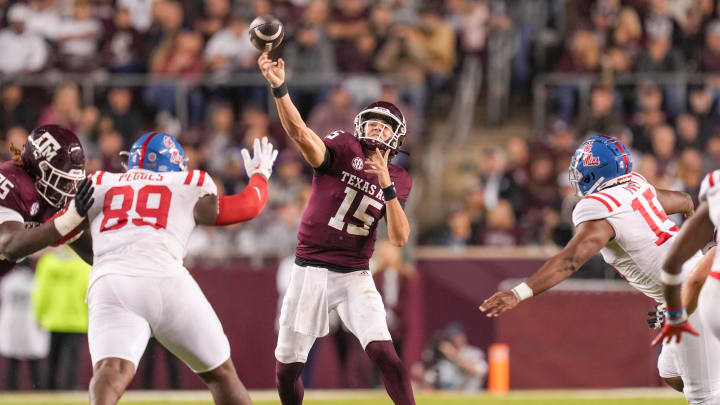 Oct 29, 2022; College Station, Texas, USA;  Texas A&M Aggies quarterback Conner Weigman (15) throws a pass against the Mississippi Rebels in the second half at Kyle Field. Mandatory Credit: Daniel Dunn-USA TODAY Sports