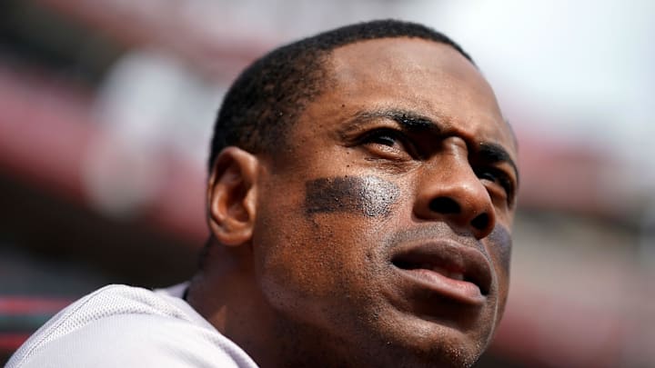Apr 11, 2019; Cincinnati, OH, USA; Miami Marlins left fielder Curtis Granderson (21) against the Cincinnati Reds at Great American Ball Park. Mandatory Credit: Aaron Doster-Imagn Images