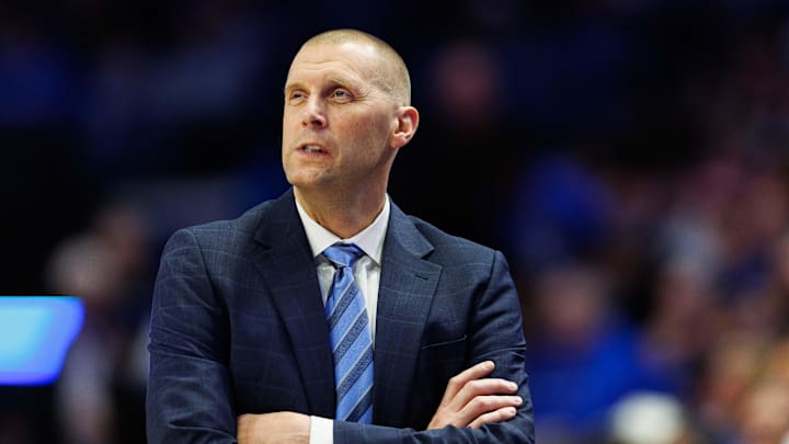 Nov 26, 2024; Lexington, Kentucky, USA; Kentucky Wildcats head coach Mark Pope looks on during the first half against the Western Kentucky Hilltoppers at Rupp Arena at Central Bank Center. Mandatory Credit: Jordan Prather-Imagn Images