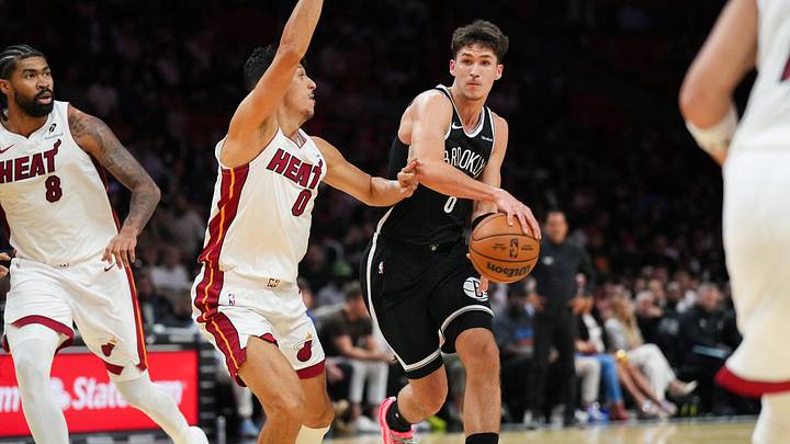 Oct 14, 2026; Miami, Florida, USA; Brooklyn Nets guard Egor Demin (8) looks to pass the ball as Miami Heat forward Simone Fontecchio (0) defends during the first half at Kaseya Center. Mandatory Credit: Jim Rassol-Imagn Images Oct 14, 2026; Miami, Florida, USA; Brooklyn Nets guard Egor Demin (8) looks to pass the ball as Miami Heat forward Simone Fontecchio (0) defends during the first half at Kaseya Center. Mandatory Credit: Jim Rassol-Imagn Images
