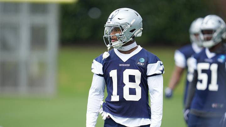 May 1, 2026; Frisco, TX, USA; Dallas Cowboys cornerback Caleb Downs (18) on the field during practice at the Ford Center at the Star Training Facility in Frisco, Texas.  Mandatory Credit: Chris Jones-Imagn Images