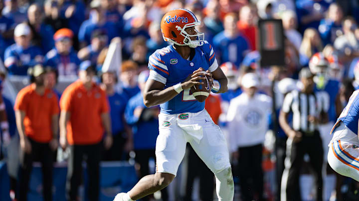 Nov 23, 2024; Gainesville, Florida, USA; Florida Gators quarterback DJ Lagway (2) looks to throw against the Mississippi Rebels during the second half at Ben Hill Griffin Stadium. Mandatory Credit: Matt Pendleton-Imagn Images