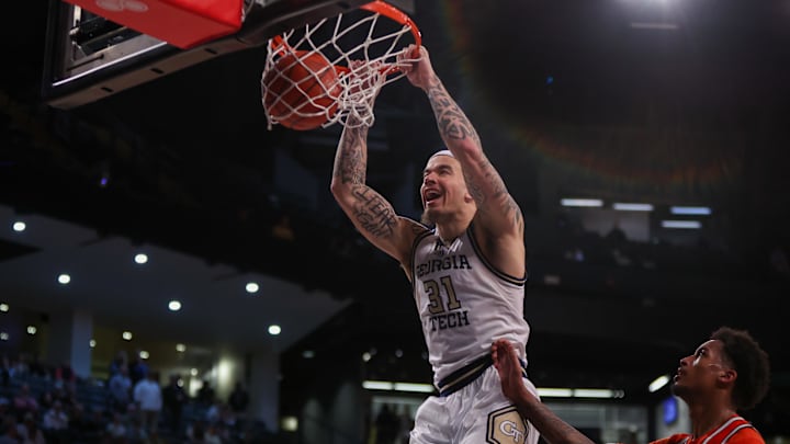Mar 4, 2025; Atlanta, Georgia, USA; Georgia Tech Yellow Jackets forward Duncan Powell (31) dunks against the Miami Hurricanes in the second half at McCamish Pavilion. Mandatory Credit: Brett Davis-Imagn Images