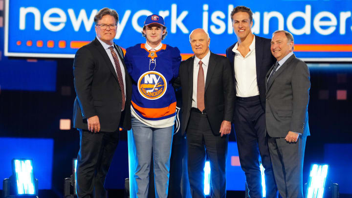 Jun 28, 2024; Las Vegas, Nevada, USA; Cole Eiserman is selected by the New York Islanders with the 20th overall pick in the first round of the 2024 NHL Draft at The Sphere. Mandatory Credit: Stephen R. Sylvanie-USA TODAY Sports