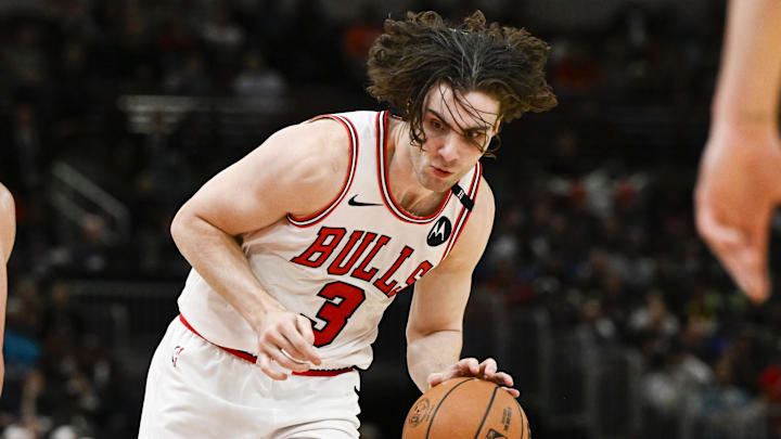 Mar 10, 2025; Chicago, Illinois, USA; Chicago Bulls guard Josh Giddey (3) dribbles the ball against the Indiana Pacers during the second half  at United Center. Mandatory Credit: Matt Marton-Imagn Images