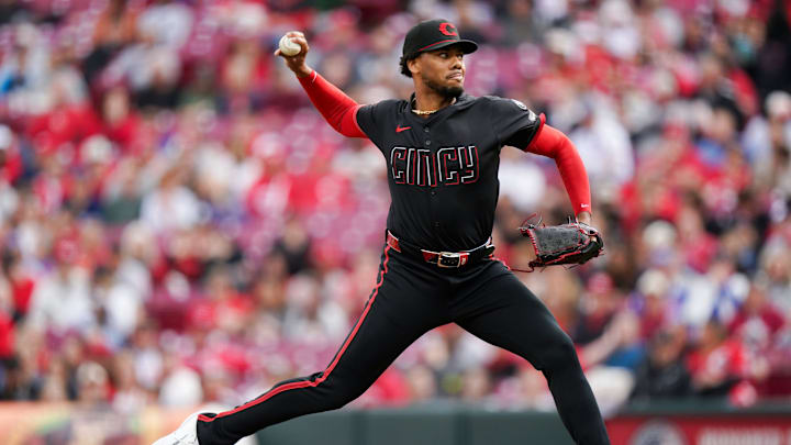 Cincinnati Reds Hunter Greene pitcher (21) throws a pitch in the first inning of the MLB National League game between the Cincinnati Reds and Chicago Cubs, Friday, May 23, 2025, at Great American Ball Park in Downtown Cincinnati.
