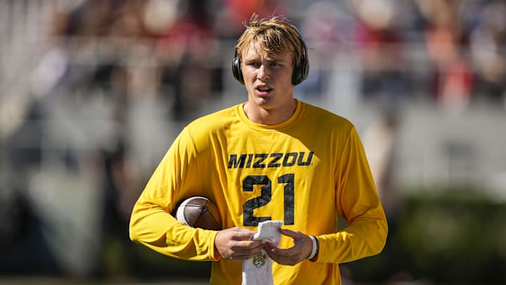 Nov 4, 2023; Athens, Georgia, USA; Missouri Tigers quarterback Sam Horn (21) on the field before the game against the Georgia Bulldogs at Sanford Stadium. Mandatory Credit: Dale Zanine-Imagn Images