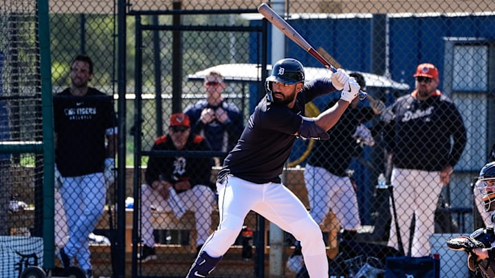 Detroit Tigers outfielder Riley Greene bats during spring training at TigerTown in Lakeland, Fla. on Friday, Feb. 21, 2025.