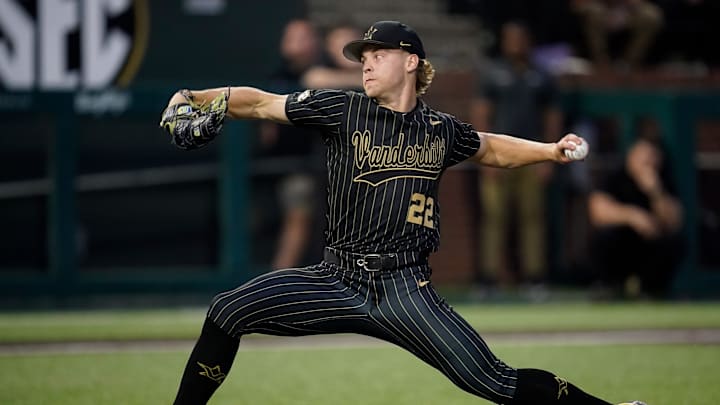 Vanderbilt pitcher JD Thompson (22) pitches against Arkansas during the first inning at Hawkins Field in Nashville, Tenn., Friday, March 28, 2025.