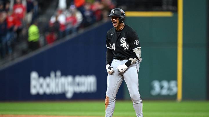 Oct 5, 2026; Cleveland, Ohio, USA; Chicago White Sox outfielder Braden Montgomery (24) celebrates hitting a two-run double against the Cleveland Guardians during the sixth inning in game two of the ALDS for the 2026 MLB Playoffs at Progressive Field. Mandatory Credit: David Dermer-Imagn Images Oct 5, 2026; Cleveland, Ohio, USA; Chicago White Sox outfielder Braden Montgomery (24) celebrates hitting a two-run double against the Cleveland Guardians during the sixth inning in game two of the ALDS for the 2026 MLB Playoffs at Progressive Field. Mandatory Credit: David Dermer-Imagn Images