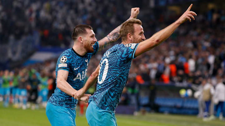 Pierre-Emile Hojbjerg celebrates with Harry Kane after securing a dramatic table-topping win against Marseille on Matchday 6 Pierre-Emile Hojbjerg celebrates with Harry Kane after securing a dramatic table-topping win against Marseille on Matchday 6